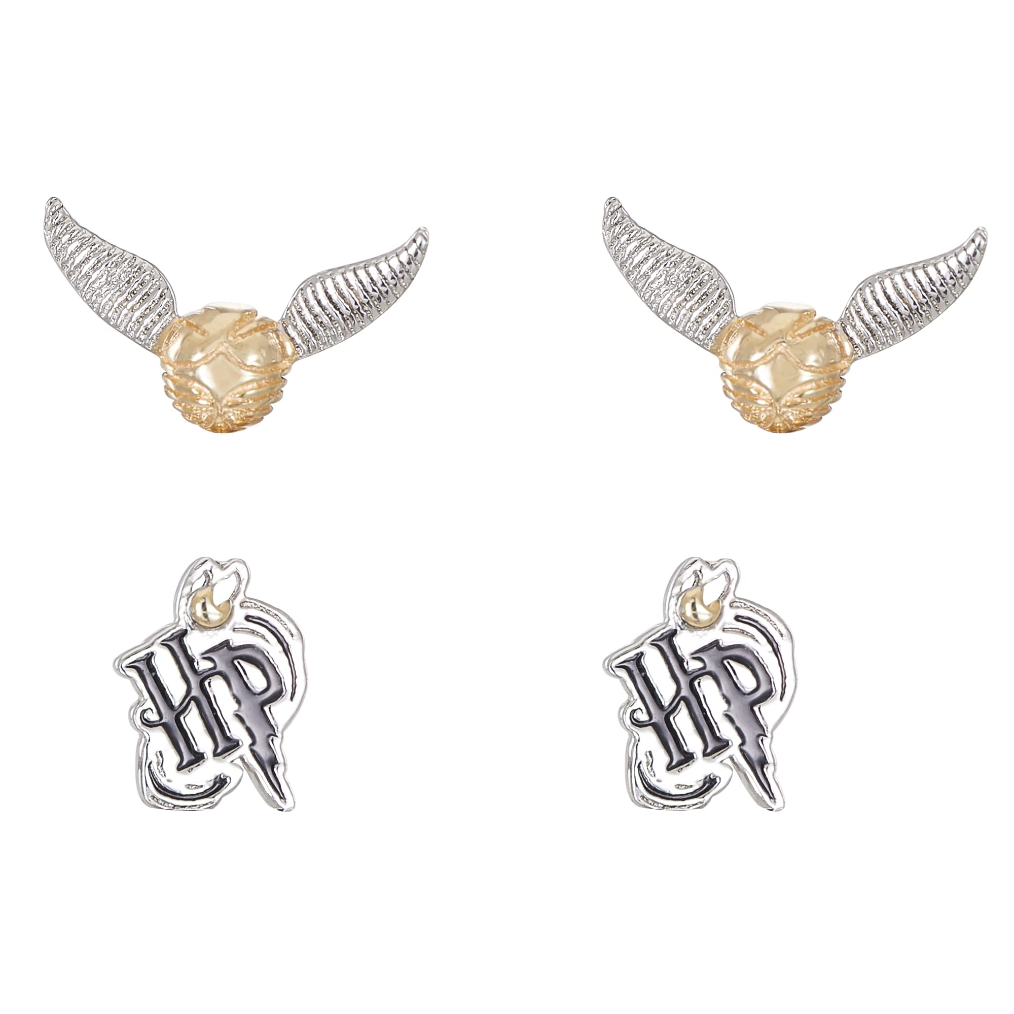 Harry Potter Flash Plated and Silver Plated Stud Earring Set, 2 Pair Two Tone Studs - Golden Snitch Flash and Silver Plated Studs, HP Silver Plated Studs