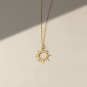 14k Solid Gold Sun Necklace | 14k Yellow Gold Good Vibes Only Necklace for Women | Sunshine Pendant Necklace | Dainty Star Jewelry | Gifts for Christmas, 18"