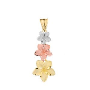 Elegant 10k Tri-Color Gold Hawaiian Plumeria Flowers Charm Pendant