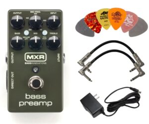 mxr m81 bass preamp pedal bundle with 9v power supply, 2 patch cables and 6 dunlop picks