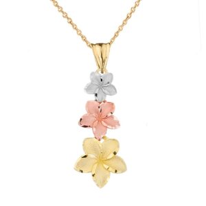 Elegant 14k Tri-Color Gold Hawaiian Plumeria Flowers Charm Pendant Necklace, 20"