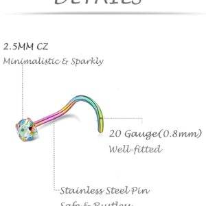 Tornito 20G 6Pcs Stainless Steel Nose Screw Studs Rings CZ Nose Ring Labret Nose Piercing Jewelry for Men Women