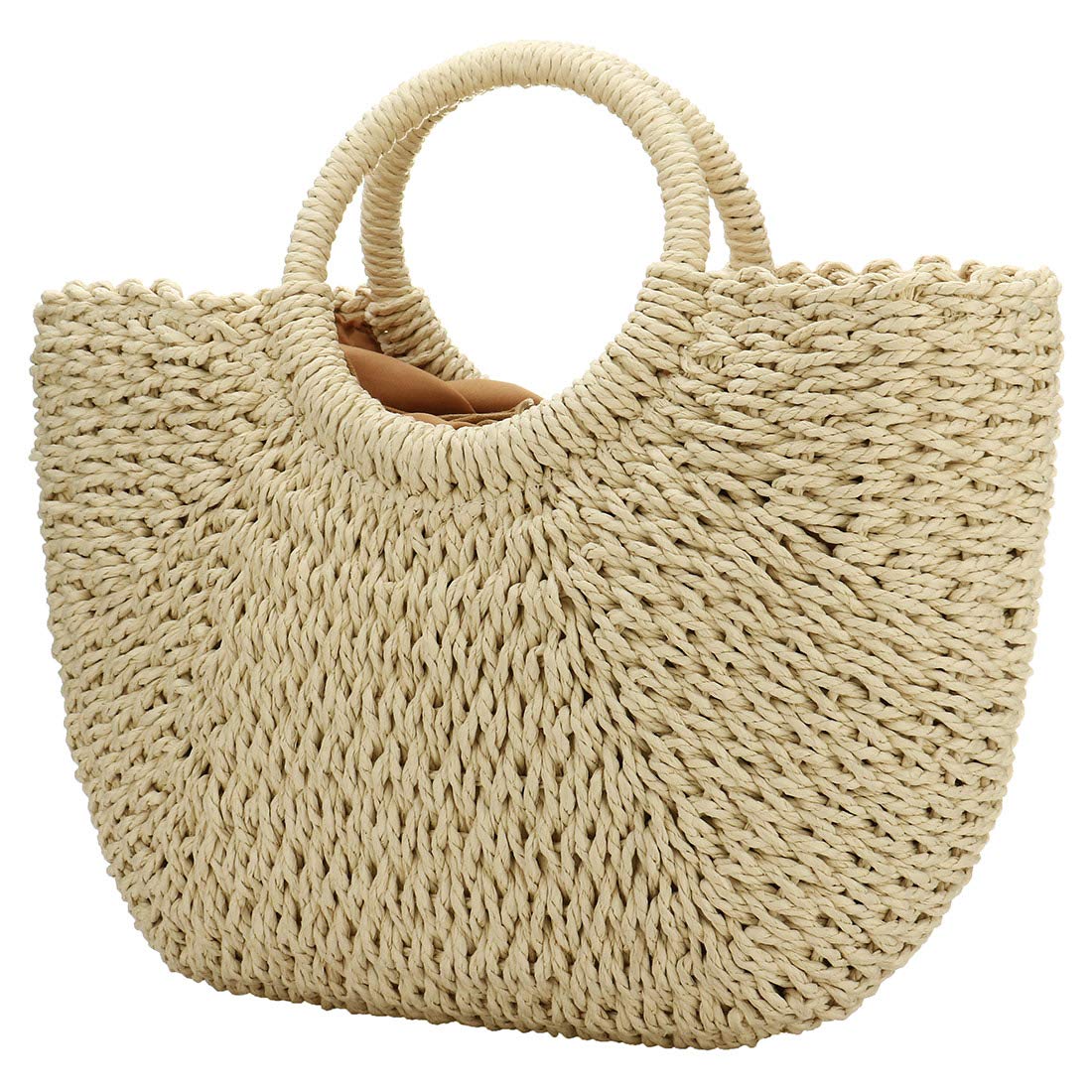 Straw Bags for Women, Hand-woven Straw Large Hobo Bag Round Handle Ring Toto Retro Summer Beach bag (Beige)