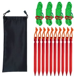 outdoors tent stakes pegs,sourceton 10 pack tent pegs stakes and 4 pack 4mm reflective guy lines with cord adjustment & pouch,premium 7" nail spike garden stakes camping pegs for pitching camping tent