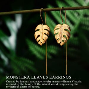 Lotus Fun 14K Yellow Gold Plated S925 Sterling Silver Drop Earrings Monstera Leaves Dangle Earrings, Handmade Unique Jewelry Gifts for Women (Gold)