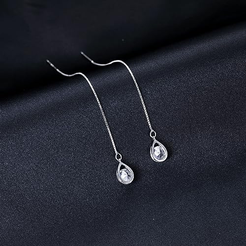 Reffeer Solid 925 Sterling Silver CZ Droplet Chain Dangle Earrings for Women Teen Girls Tassel Dangle Earrings Threader (A-Silver)