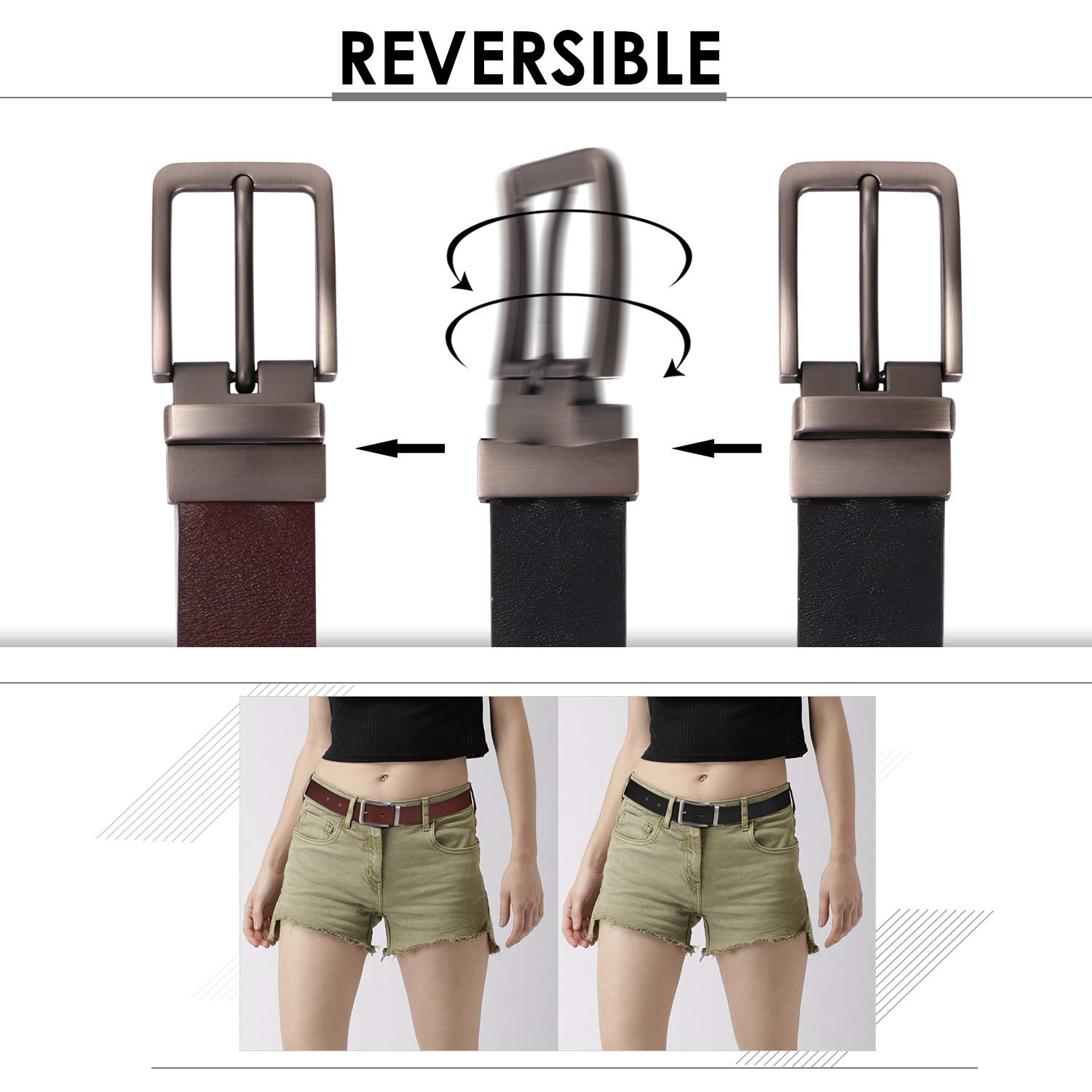 XZQTIVE Reversible Leather Belts for Women with Rotated Metal Buckle Fashion Women Belts(1 Pcs Black/Brown)