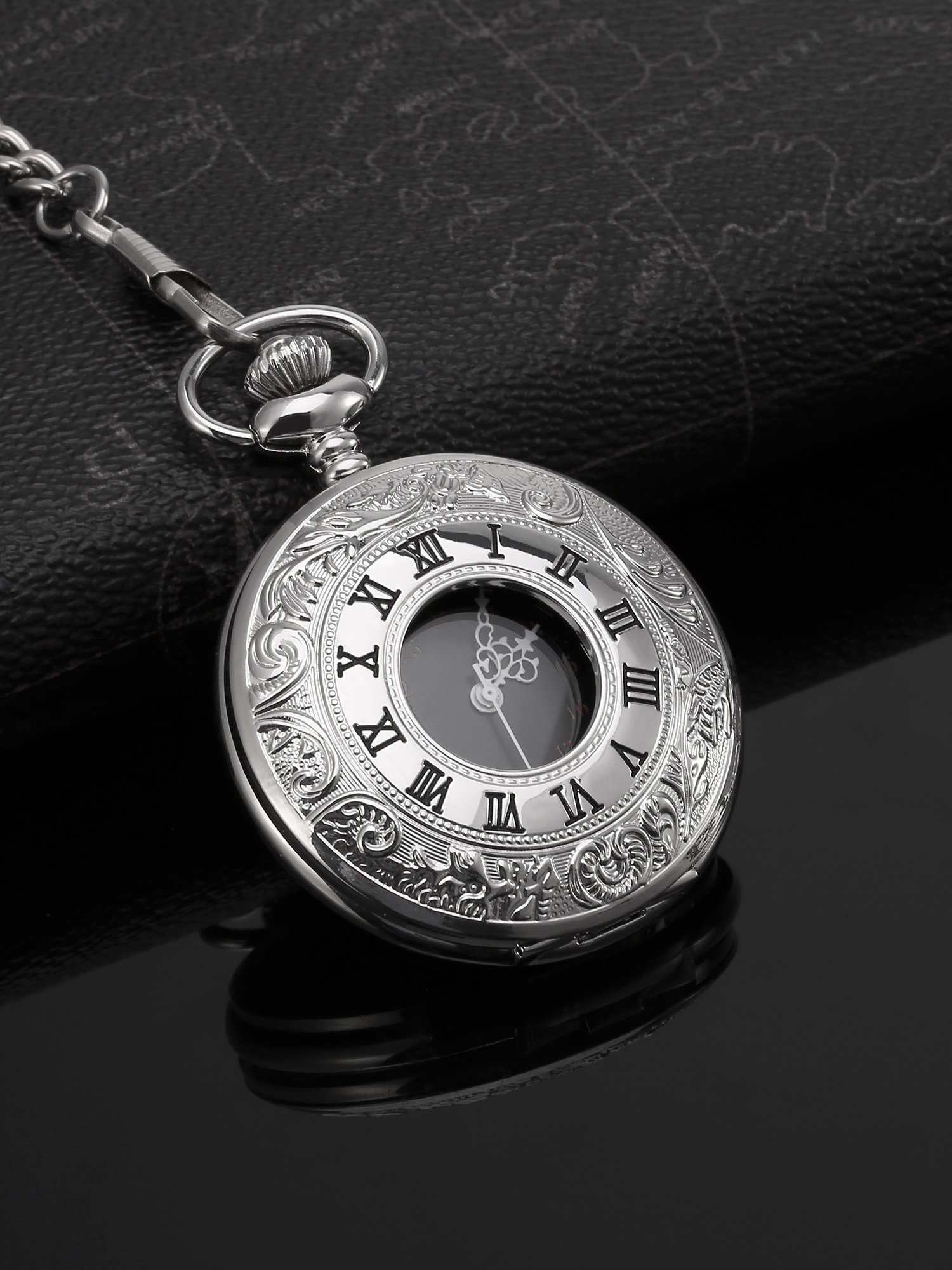 Hicarer Vintage Pocket Watch Steel Men Watch with Chain (Silver)