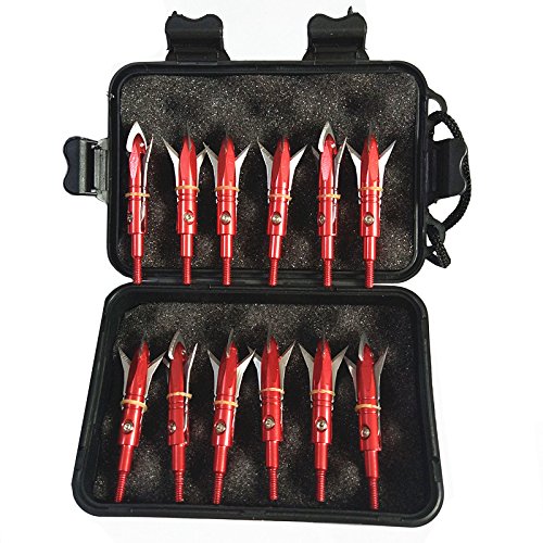 e5e10 12pcs Hunting Broadheads 100 Grain Archery Broadheads New Stell Broadheads + 1 pcs Black Broadhead Case for Arrowheads (red)