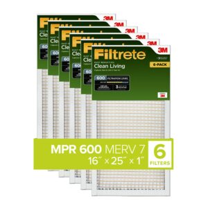 filtrete 16x25x1 air filter, mpr 600, merv 7, clean living dust reduction 3-month pleated 1-inch air filters, 6 filters