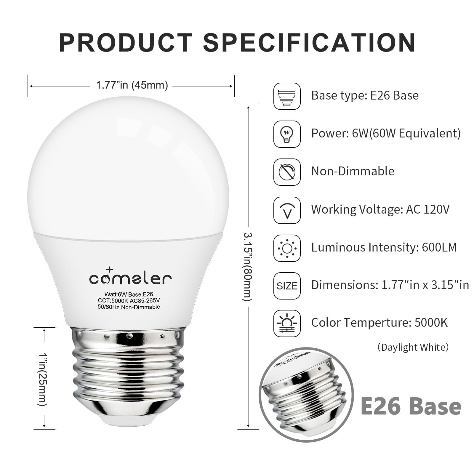 comzler 6W A15 LED Bulb Daylight 60 Watt Equivalent, E26 Medium Screw Base Small Light Bulb Cool White 5000K, Home Lighting Decorative Ceiling Fan Light Bulbs Non-Dimmable(Pack of 6) …