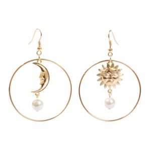 sun moon asymmetric imitation pearl earrings for women gold annulus pendant earrings drop earrings (gold)