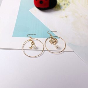 Sun Moon Asymmetric Imitation Pearl Earrings for Women Gold Annulus Pendant Earrings Drop Earrings (Gold)