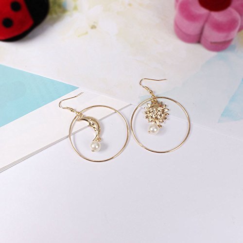 Sun Moon Asymmetric Imitation Pearl Earrings for Women Gold Annulus Pendant Earrings Drop Earrings (Gold)