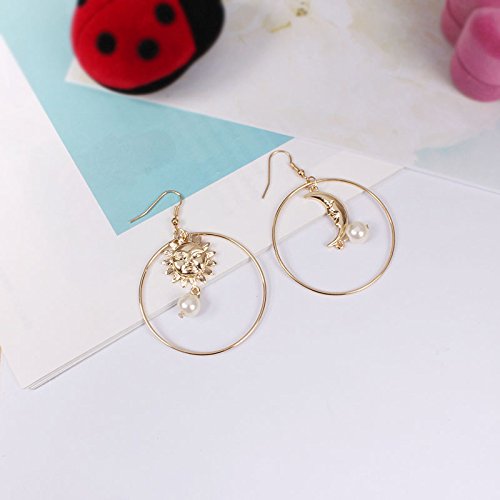 Sun Moon Asymmetric Imitation Pearl Earrings for Women Gold Annulus Pendant Earrings Drop Earrings (Gold)