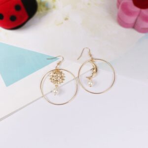 Sun Moon Asymmetric Imitation Pearl Earrings for Women Gold Annulus Pendant Earrings Drop Earrings (Gold)