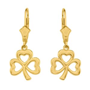 good luck three leaf heart clover leverback earrings in 10k yellow gold