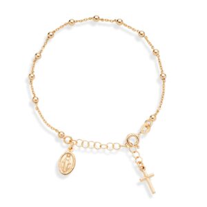 miabella 18k gold over sterling silver italian rosary cross bead charm link chain bracelet for women, adjustable, 925 made in italy (length 7 to 8 inch)