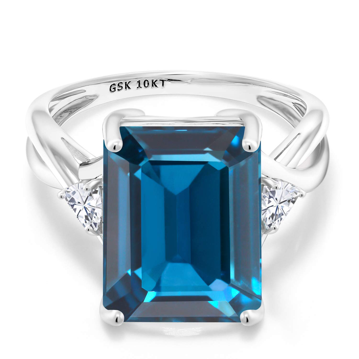 Gem Stone King 10K White Gold London Blue Topaz and White Moissanite 3 Stone Engagement Ring For Women (9.96 Cttw, Emerald Cut 14X10MM, Trillion 4MM, Available in Size 5,6,7,8,9)