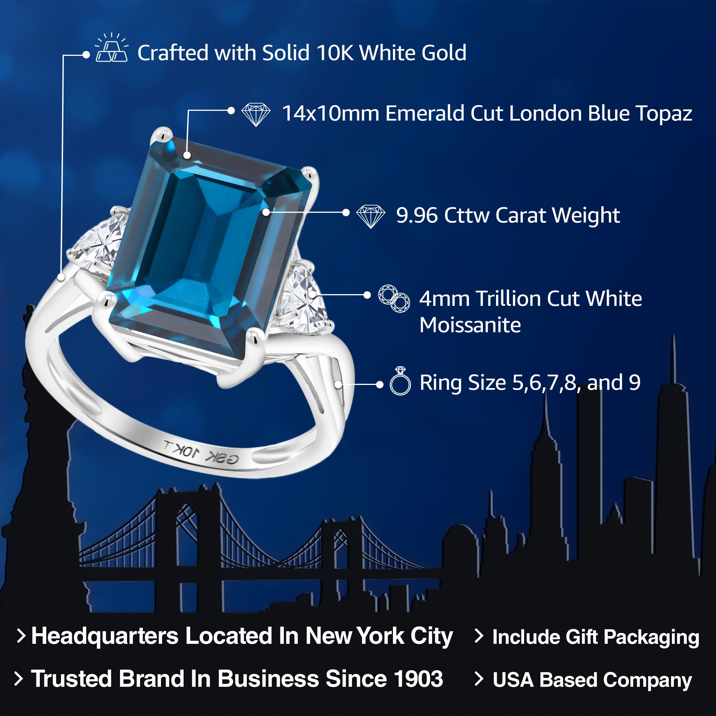 Gem Stone King 10K White Gold London Blue Topaz and White Moissanite 3 Stone Engagement Ring For Women (9.96 Cttw, Emerald Cut 14X10MM, Trillion 4MM, Available in Size 5,6,7,8,9)