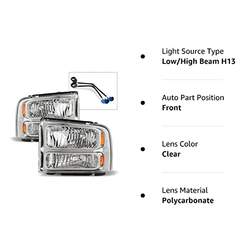 ACANII - For 1999-2004 Ford Super Duty F-250 F-350 Truck Excursion Conversion Chrome Headlights Headlamps Set Left+Right