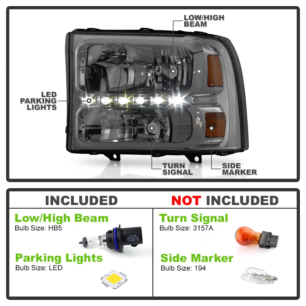 ACANII - For Smoke Len 1999-2004 Ford F250 F350 F450 Superduty LED Headlights 99-04 Headlamps Driver + Passenger Side