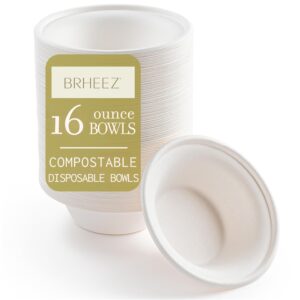 brheez 16 Ounce Disposable Bowls Paper Bowls Alternative Compostable Bowls Heavy Duty [Pack of 60] Eco-Friendly 100% Natural Sugarcane Bagasse Fiber Biodegradable