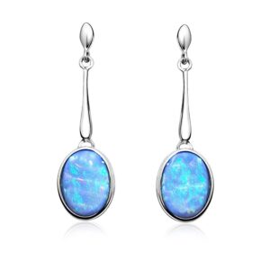 Paul Wright Created Blue Opal Dangle Earrings in 925 Sterling Silver, 10x8mm Oval, Vibrant Blue Color, on Posts