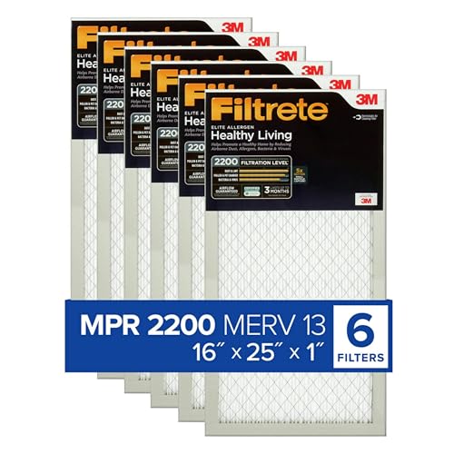 Filtrete 16x25x1 AC Furnace Air Filter, MERV 13, MPR 2200, Elite Allergen, Bacteria & Virus Filter, 3-Month Pleated 1-Inch Electrostatic Air Cleaning Filter, 6-Pack (Actual Size 15.69x24.69x0.78 in)