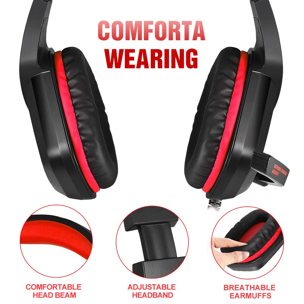 PHOINIKAS H1 Gaming Headset for PS4, Xbox One, PC, Laptop, Switch, Xbox One Headset with Noise-Cancelling Mic, Over Ear Headphones with Bass Surround - Red