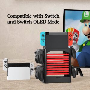 J&TOP Multifunctional Game Disk Storage Tower Holder Compatible with Nintendo Switch/OLED Console and Switch Pro Controllers