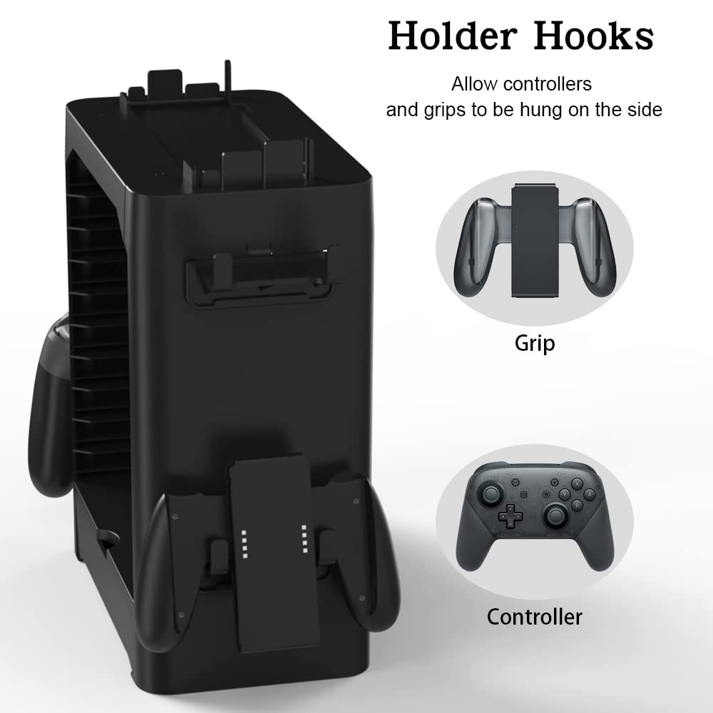 J&TOP Multifunctional Game Disk Storage Tower Holder Compatible with Nintendo Switch/OLED Console and Switch Pro Controllers