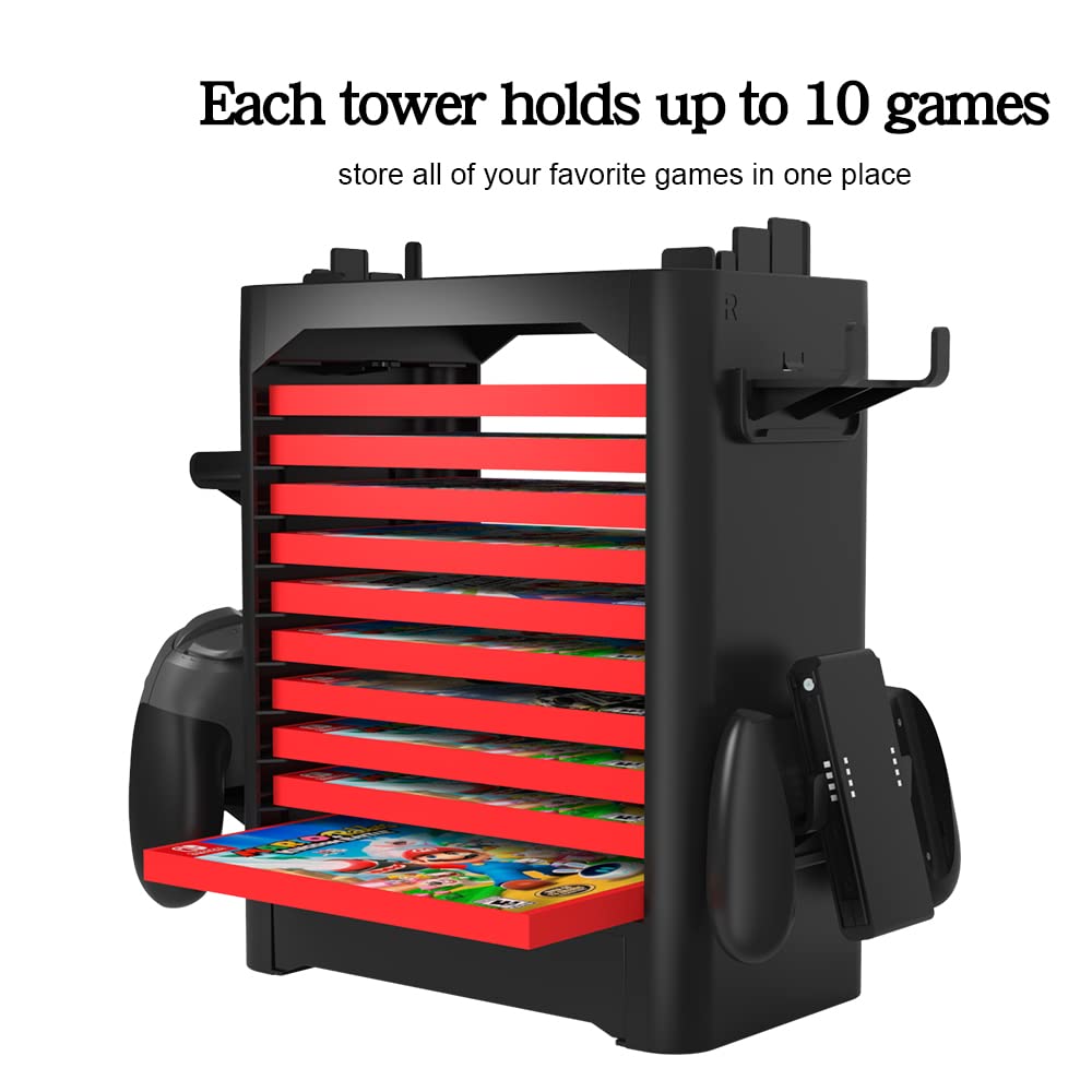 J&TOP Multifunctional Game Disk Storage Tower Holder Compatible with Nintendo Switch/OLED Console and Switch Pro Controllers