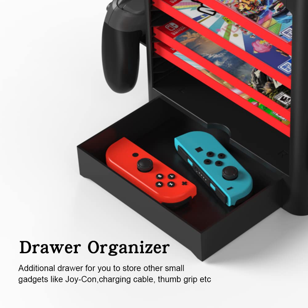 J&TOP Multifunctional Game Disk Storage Tower Holder Compatible with Nintendo Switch/OLED Console and Switch Pro Controllers