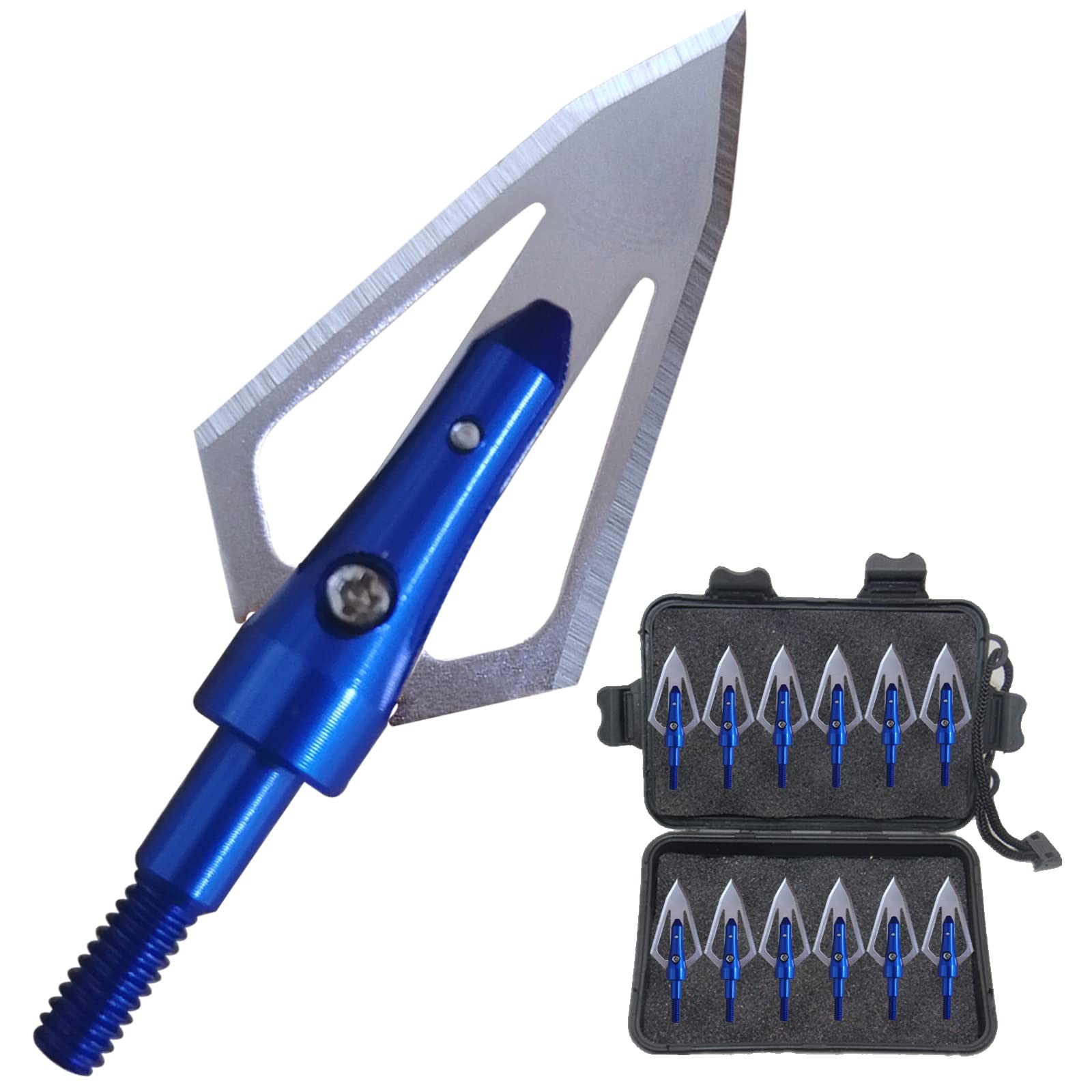 e5e10 Steel Flat Broadheads with 2 Blades 100 Grain Hunting Arrow Tips Screw Thread 0.9" Cut Archery Arrowheads + 1 pcs Black Broadhead Case Plastic Portable Case for Arrowheads (12pcs) (Blue)