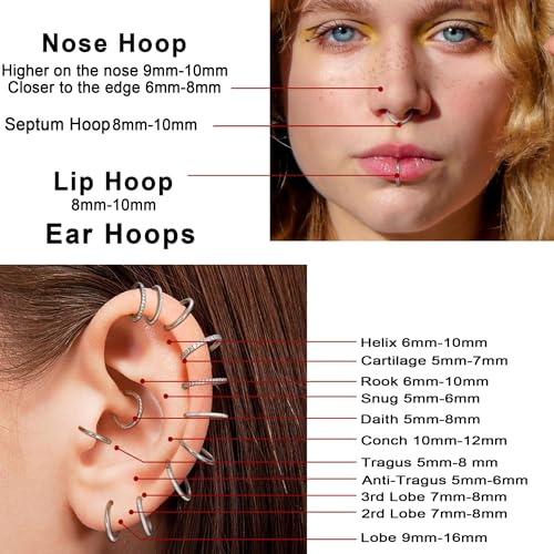 FIBO STEEL 9 Pcs Stainless Steel 16g Cartilage Hoop Earrings for Men Women Nose Hoop Ring Helix Septum Conch Daith Lip Tragus Piercing Jewelry