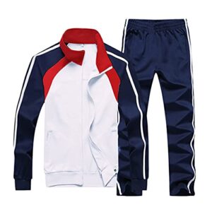 Sun Lorence Men's Athletic Running Tracksuit Set Casual Full Zip Jogging Sweat Suit White L