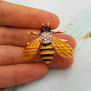 SELOVO Honeybee Bee Yellow Enamel Small Brooch Pin Set 2 Pcs Gold Tone Crystal