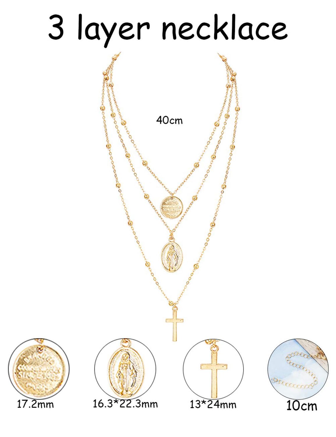 ORAZIO 2PCS Layered Necklace for Women Cross Blessed Virgin Mary Pendant Necklace Chain Gold Tone