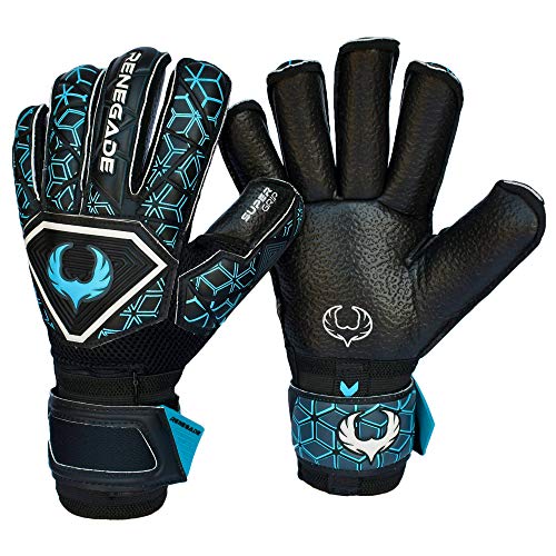 Renegade GK Triton Specter Goalie Gloves with Pro-Tek Fingersaves | 3.5+3mm Super Grip & 4mm Duratek | Black & Blue Soccer Goalkeeper Gloves (Size 5, Kids, Boys, Girls, Roll Cut, Level 2)