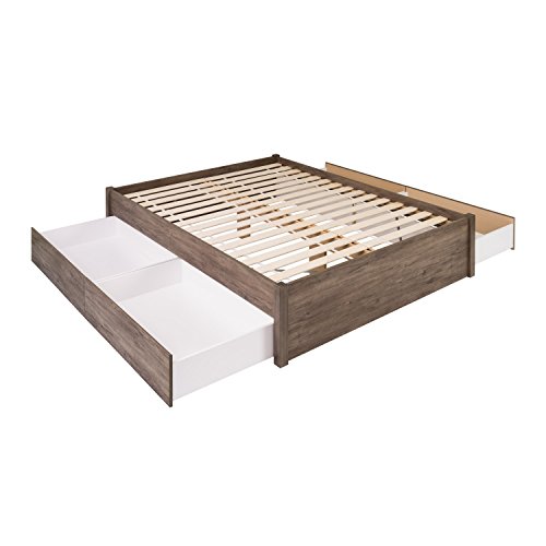 Prepac Select Queen 4-Post Raised Platform 4-Drawer Storage Bed, Modern Queen Storage Bed with Drawers 83" D x 63" W x 16" H, Drifted Gray, DBSQ-1302-4K