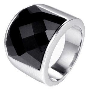 Oakky Men's Women's Stainless Steel Silver Simple Square Big Shiny Gemstone Wide Ring Band Black Size 7