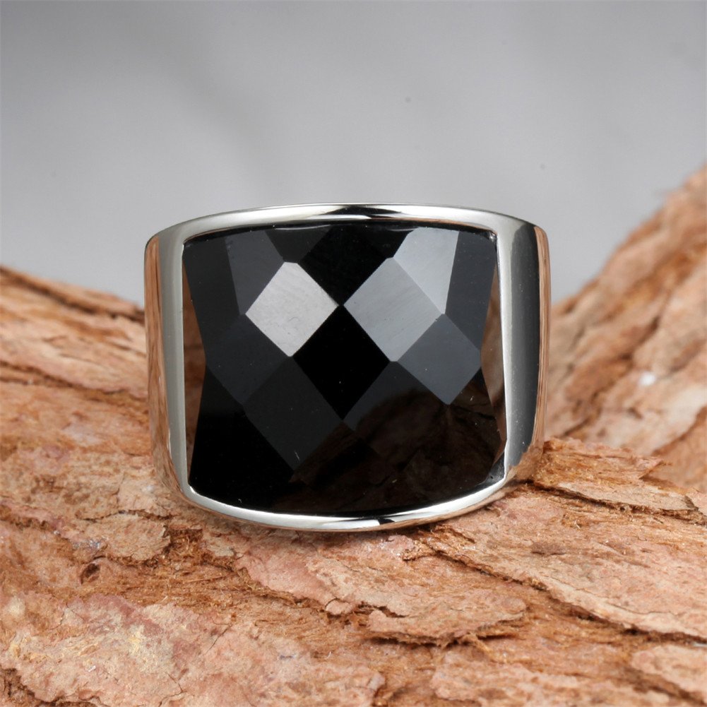 Oakky Men's Women's Stainless Steel Silver Simple Square Big Shiny Gemstone Wide Ring Band Black Size 7