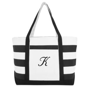 DALIX Striped Beach Bag Tote Bags Satchel Personalized Black Ballent Letter K