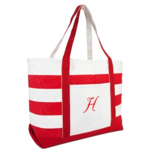 DALIX Beach Tote Bag Shoulder Bags Striped Monogrammed Red Ballent Letter H