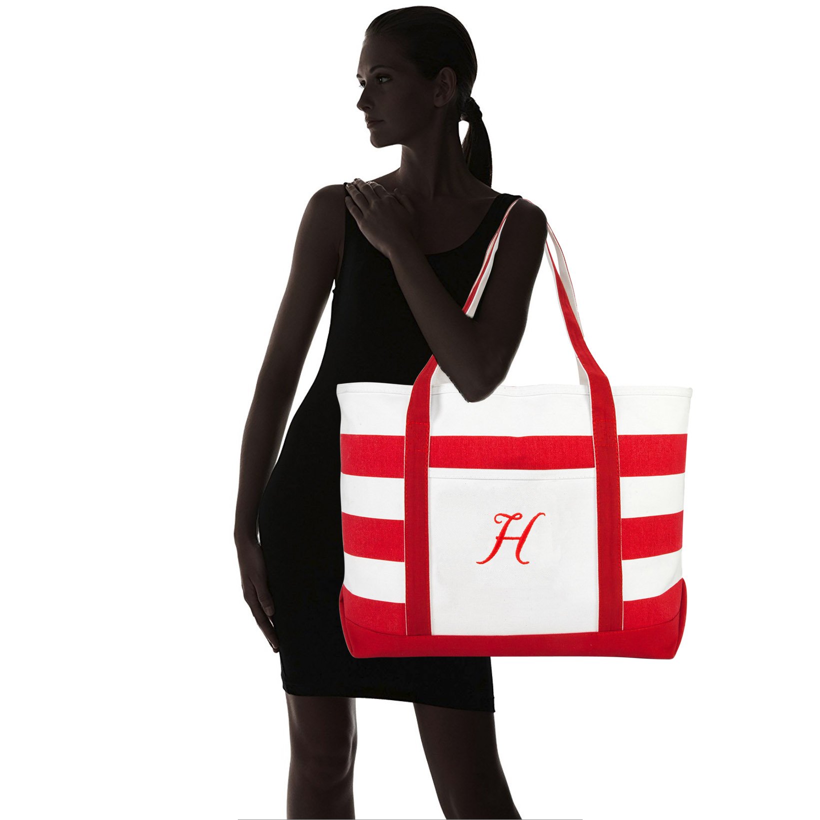 DALIX Beach Tote Bag Shoulder Bags Striped Monogrammed Red Ballent Letter H