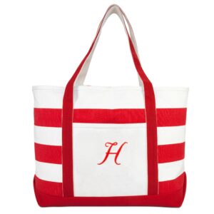 DALIX Beach Tote Bag Shoulder Bags Striped Monogrammed Red Ballent Letter H