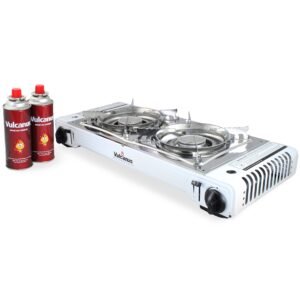 lmsd-5800 portable double burner gas stove.26"x11.3"x5"with vulcanus gas-1 butane gas cartridge(2-can)