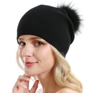 women knit wool beanie - winter fashion solid wool hats real removable raccoon fur pom pom warm ski beanie