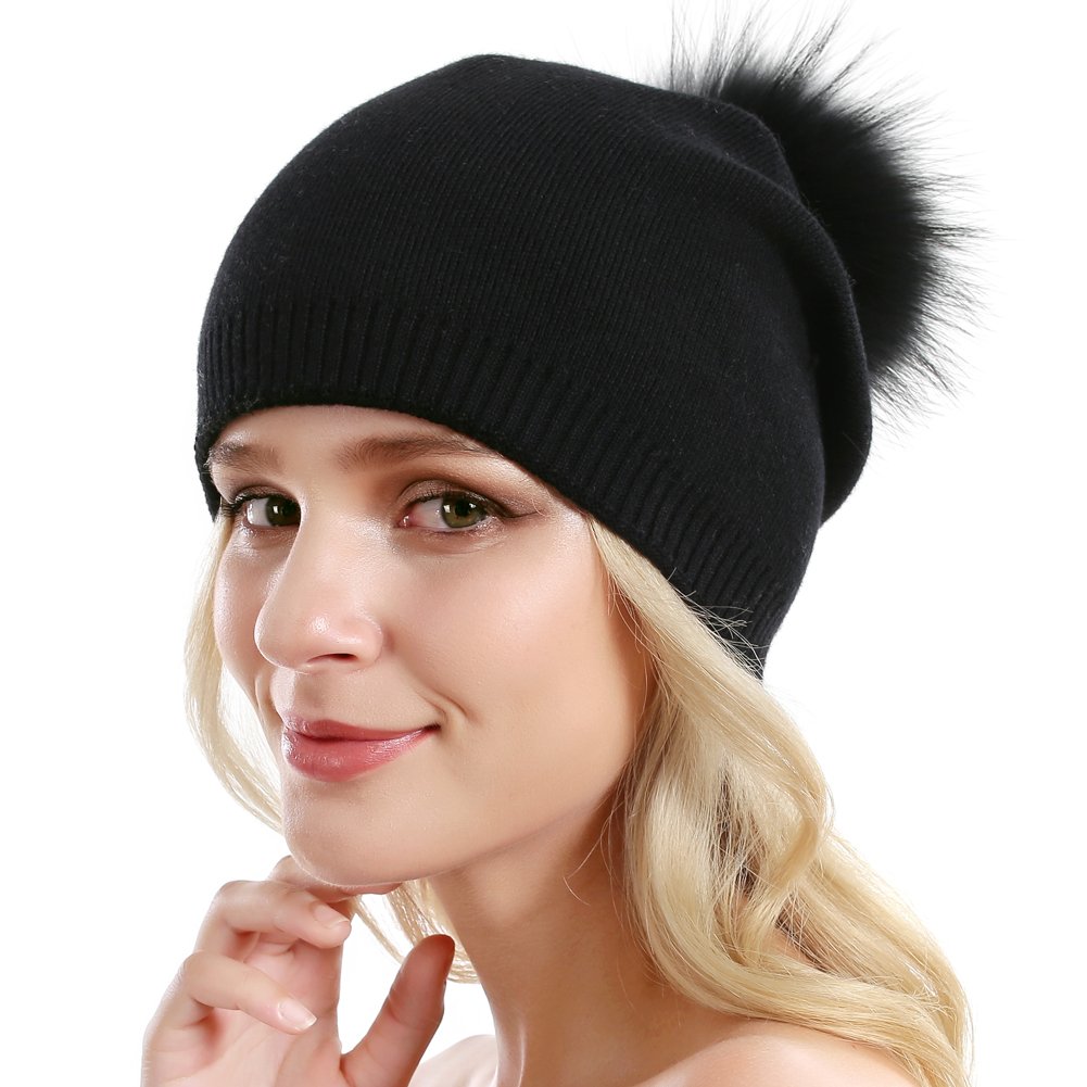 Women Knit Wool Beanie - Winter Fashion Solid Wool Hats Real Removable Raccoon Fur Pom Pom Warm Ski Beanie